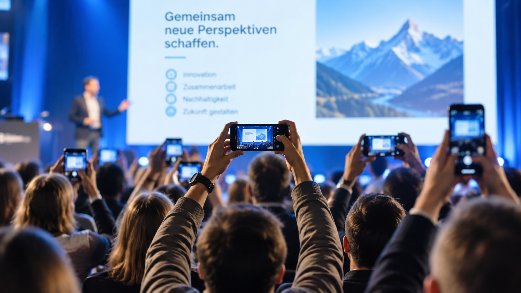 Publikum hält während eines Vortrags Mobiltelefone hoch, um die Folie zu fotografieren